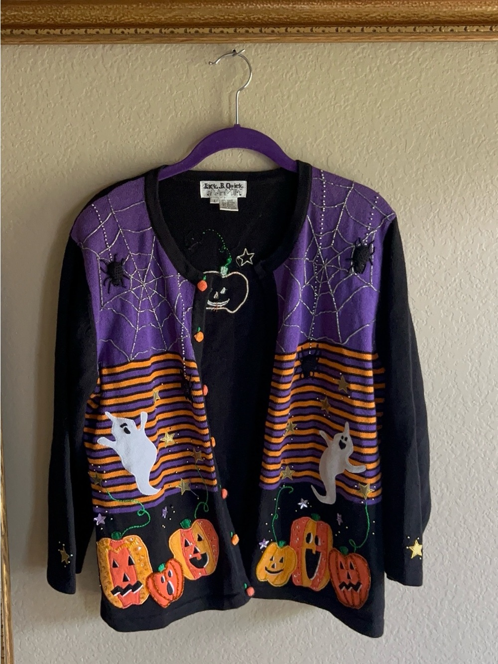 Jack B. Quick Halloween Cardigan Sweater - Black with Ghosts, Spiders, Pumpkins - Picture 6 of 9